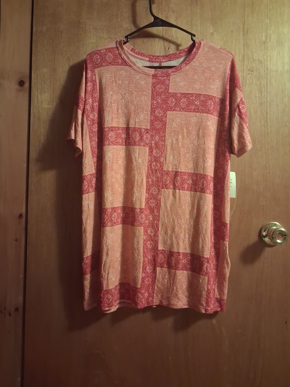 Style & Co. Women's Short Sleeve Patchwork Tee in Coral and Peach